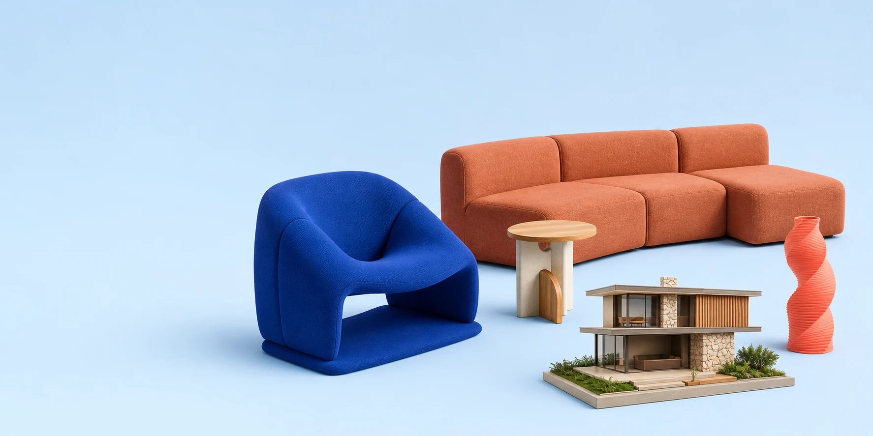 Poltrona, sofá, mesa, maquete de casa e vaso 3D isolados em fundo azul