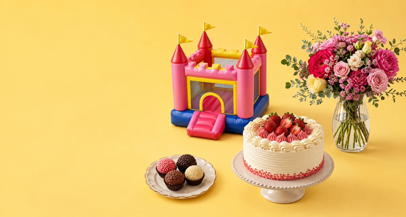 Castelo inflável, bolo, doces e flores isolados em fundo amarelo
