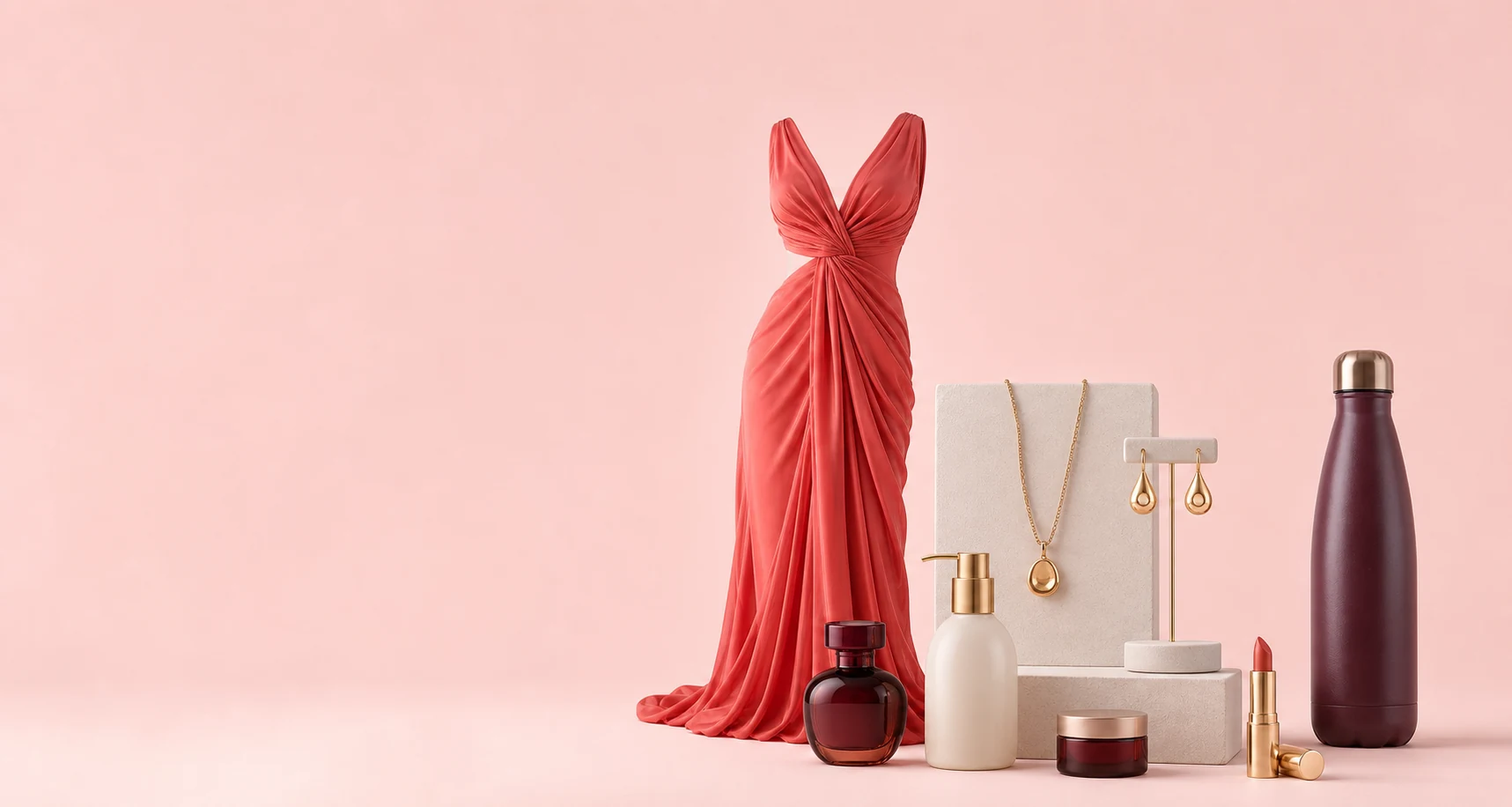 Vestido, joias, cosméticos e garrafinha isolados em fundo rosa